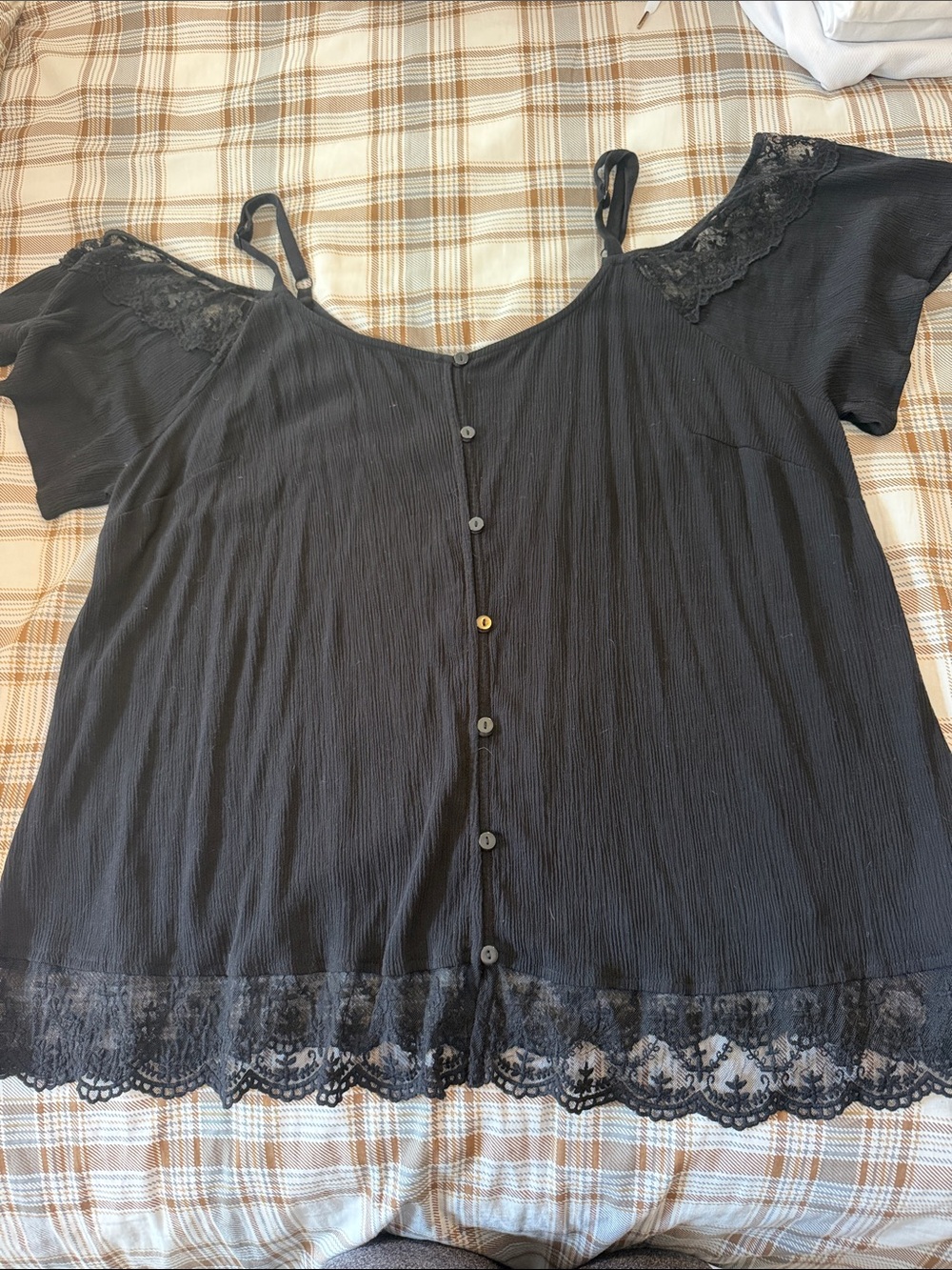 torrid Black Lace-Trim Cold Shoulder Button-Front Top